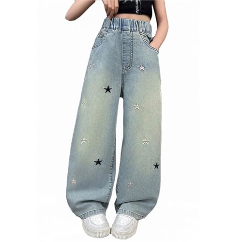 Girls Baggy Wide Leg Jeans Elastic Wasit Ripped Distressed Pants Trendy Cute Y2K Streetwear Pockets Denim Trousers