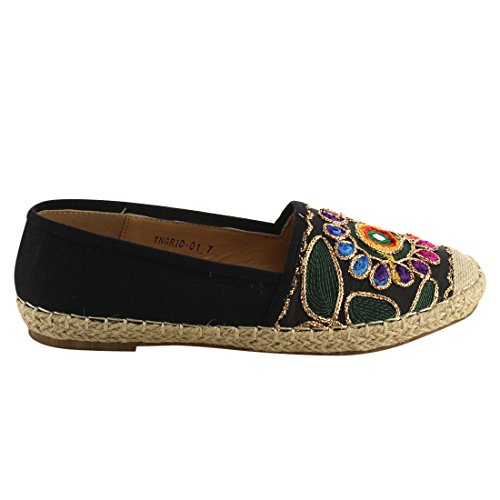 REFRESH IE90 Women's Cap Toe Espadrille Floral Stitched Flats,8.5 B(M) US,Black2