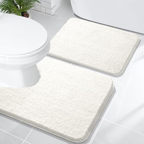 Image of OLANLY Bathroom Rugs Sets 2 Piece, Soft Absorbent Chenille Bath Mats and U-Shaped Contour Toilet Mat Area Rug Set, Machine Washable Bath Carpet, Home Decor Accessories(24 inchx16 inch+24 inchx20 inch, Ivory)