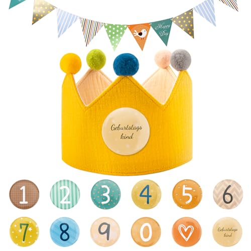 SREBIWO Geburtstagskrone Mädchen & Junge aus Musselin mit Geburtstagsbanner,Geburtstagskrone für Kinder,Krone aus Button Zahlen von 0-9,Krone Geburtstag Jungen Mädchen für den Kindergeburtstag (Gelb)