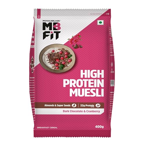 Image of MuscleBlaze Fit High Protein Muesli (400g, Dark Chocolate & Cranberry) | 22g Protein | With Raisins, Almonds & Super Seeds, High Protein Breakfast Cereals