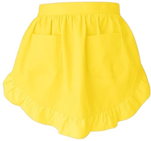 Cbtrfashion Unisex Yellow Women’s Waist Aprons With White Pockets Half Server Home Waitress Vintage Servant Apron For Kitchen Cooking, Medium