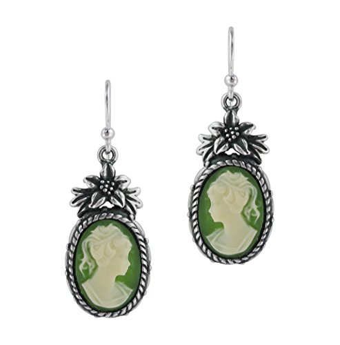 Sterling Silver Flower Topped Resin Cameo Earrings - Green
