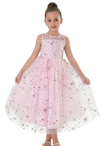 2Bunnies Girls’ Sparkle Star Mesh Illusion Neck A-Line Tulle Maxi Dress