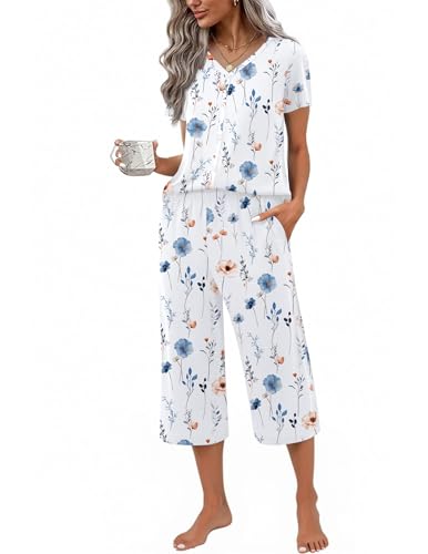 Image of Ekouaer Women's Pajama Sets Short Sleeve Sleepwear Button Up Pj Loungewear Top and Capri Pants with Pockets
