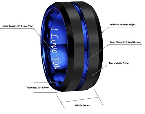 4mm 6mm 8mm 10mm Blue/Rose Gold Groove Black Matte Finish Tungsten Carbide Wedding Band Ring Engraved I Love You Size 4 To 173