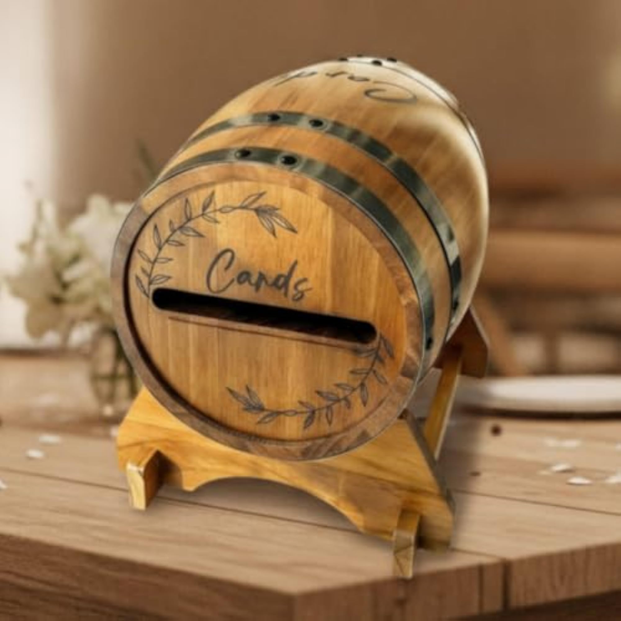 Rustic Whiskey Barrel Card Box with Stand, Wooden Decorative Storage
