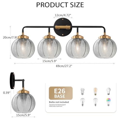 Image of 4-Light Bathroom Vanity Light Black Wall Light Sconces with Smoky Gray Glass Shade Mid Century Bathroom Wall Lights Fixtures Modern Vanity Lamp for Over Mirror Living Room Cabinet