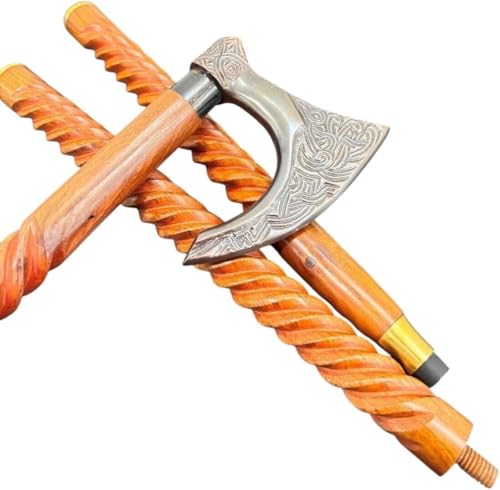 Viking Axe Walking Stick – Handcrafted Wooden Cane with Engraved Nordic Axe Handle – Decorative Collector’s Walking Cane for Men & Women – Medieval Style Wooden Staff