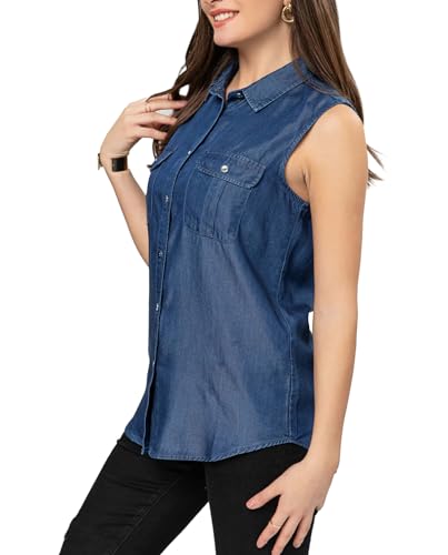 FASHIONSPARK Sleeveless Denim Tops for Women Button Down Denim Shirt Collared Jean Tank Top Blouses4
