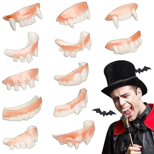 Dentes de vampiro falsos, presas vampiras realistas, 12 peças dentadura geométrica realista e lavável para festas de disfarces de terror para adultos crianças