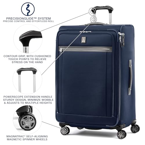 Image of Travelpro Platinum Elite Softside Expandable Checked Luggage, 8 Wheel Spinner Large Suitcase, TSA Lock, Men and Women, Dark Blue, Checked Large 29-Inch