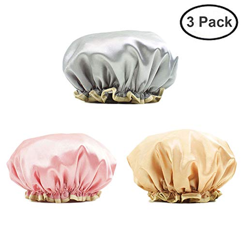 Satin Shower Cap for Women, Elegant Hair Cap Fit Women all Hair Lengths Double Layer-Upgraded Version(3 Pack)