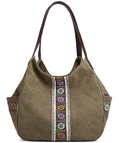 Worldlyda Women Canvas Hobo Purse Multi Pocket Tote Shopper Shoulder Bag Casual Top Handle handbag with Embroidery Ethnic Army Green