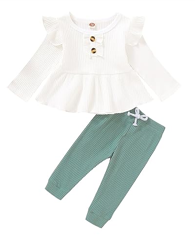 Image of Baby Girl Clothes Toddler Girl Cotton Outfit Rib Long Sleeve Shirt Top Solid Pants Infant Girls Set
