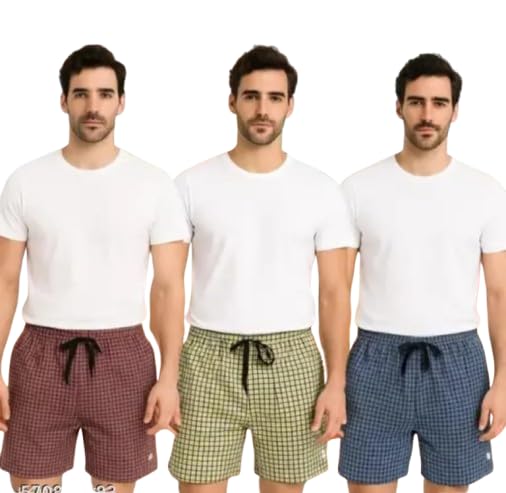 Men's Cotton Checkered Pajama Shorts with Drawstring, Pack of 3, Pink Green Navy Blue