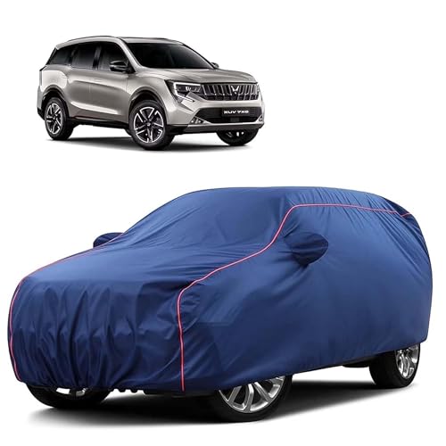 Image of Sulfar 100% Water Resistant Car Body Cover Compatible with Mirror for Mahindra XUV 7XO (Triple Stitched, Full Bottom Elastic, Blue Tafetta with Red Piping)