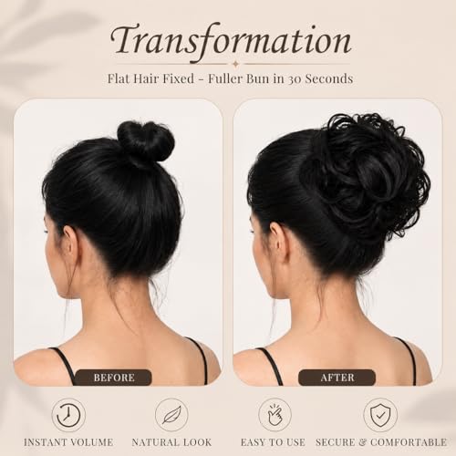 Image of TEMPERIA Hair Accessories For Women Stylish - Juda Hair Buns - Messy Bun Hair Extension - Artificial Fake Donuts Maker Scrunchies - With Elastic Rubber band - Black - 1 Pc - (25GR)