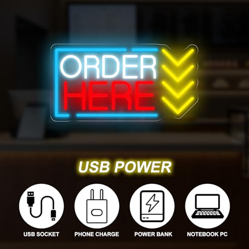 Image of Order Here Neon Sign Coffee Restaurant Ordering Area LED Light | Shop Opening Gift USB Powered Dimmable Oder Sign Cafe Bar Decor Business Wall Decoration 16.5 inchx8.7 inch
