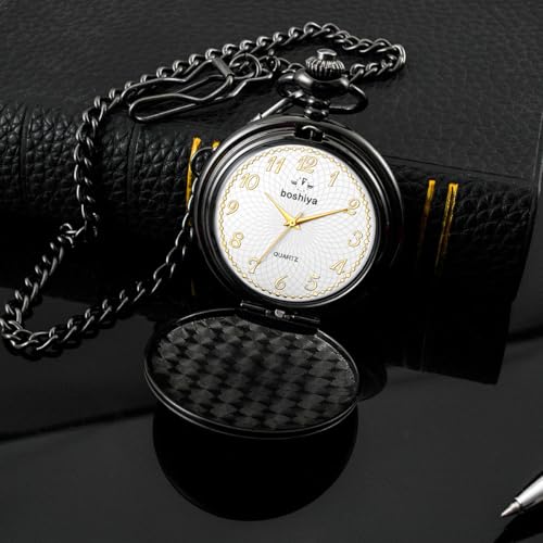 Image of BOSHIYA Smooth Black Pocket Watches for Men Quartz Arabic Digital Dial, Classic Vintage Mens Womens Pocket Watch with Chain Christmas Graduation Birthday Gifts Fathers Day