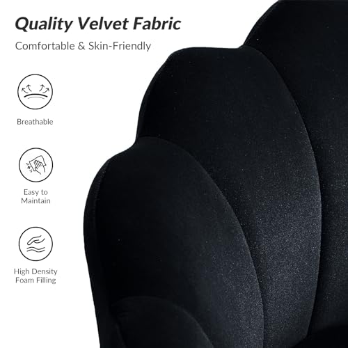 Image of HULALA HOME Modern Velvet Accent Chair with Shell Shaped Back, Cute Living Room Bedroom Armchair Sofa Chair with Gold Legs, Comfy Upholstered Vanity Chair for Makeup Room, Black