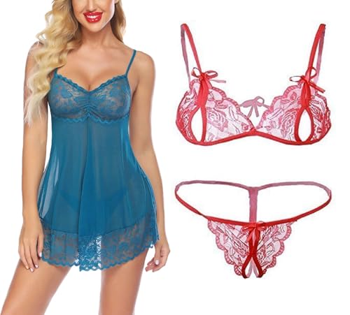 Image of SSoShHub Lace Babydoll Lingerie Sexy Mini Chemise Mesh Wedding Nightie Bridal Nightdress with Bikini