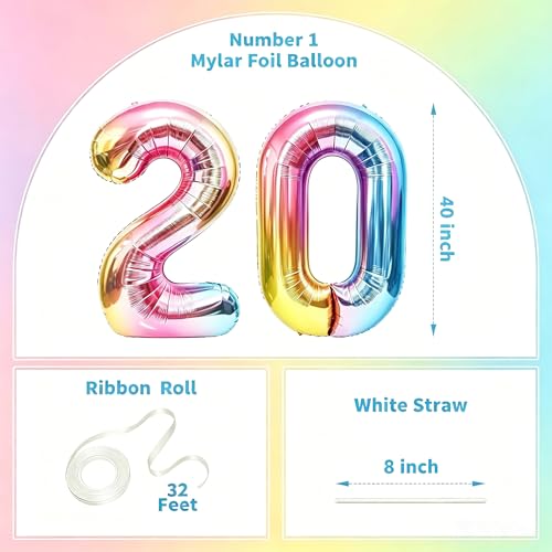 Image of Rainbow Number Balloons Birthday Balloons - Giant Number 20 Balloon 40 inch, Numbers Balloon Birthday Decorations, Rainbow Party Supplies for Baby Shower