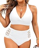 Yonique Womens Plus Size Bikini High Waisted Swimsuits Two Piece Bathing Suits Tummy Control Swimwear White 18Plus