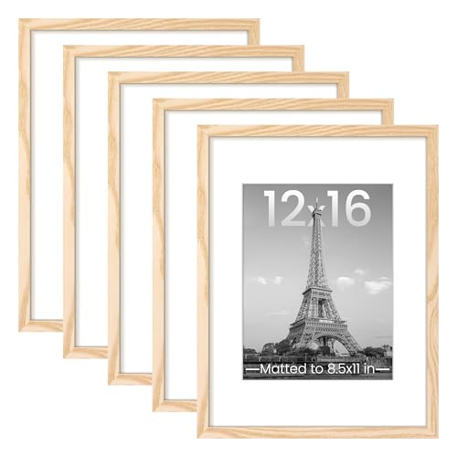 Image of upsimples 12x16 Picture Frame Set of 5, Display Pictures 8.5x11 with Mat or 12 x 16 Without, Wall Gallery Poster Frames, Natural