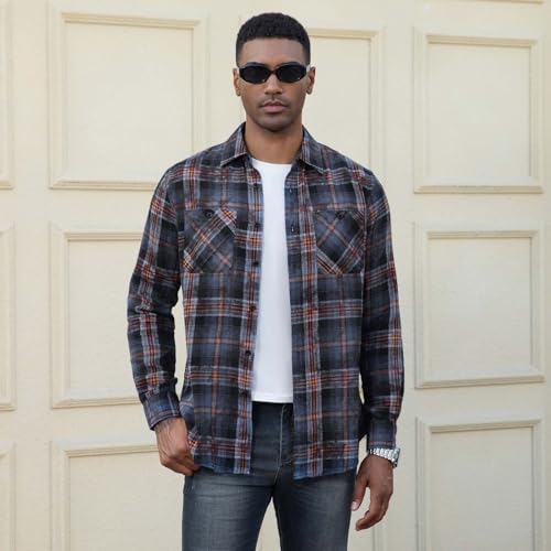 Image of WARHORSEE Flannel Shirt for Men Long Sleeve Button Down Plaid Shirts | Soft Cotton Blend for Multi-season Wear, Lightweight yet Warm, Dual buttoned storage pockets, Machine Washable Easy Care
