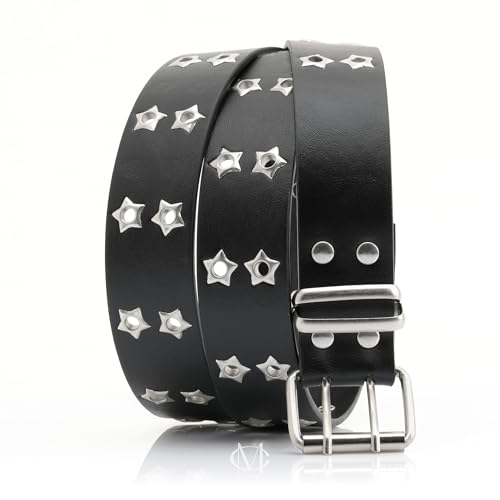 CRAFTMEMORE Star Studded PU Leather Belt, 43.3 inch Length, Double Prong Buckle SPB63