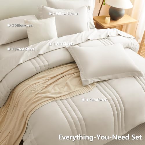 Image of CozyLux Super King Plus Comforter Set Beige - 7 Pieces Bed in a Bag, Modern Vertical Quilted Room Decor, Soft All-Season Bedding Gift with Comforter, Sheets, Pillowcases & Shams