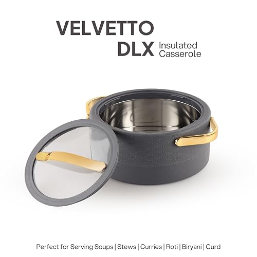 Image of CELLO Velvetto Deluxe 2000 Insulated Casserole Hot Box for Kitchen 2000 ml, Grey | Airtight See Through Lid Hot Pot Case Keeps Food Hot & Warm for Long Hours, Casserole Set for Roti, Rice & Biryani