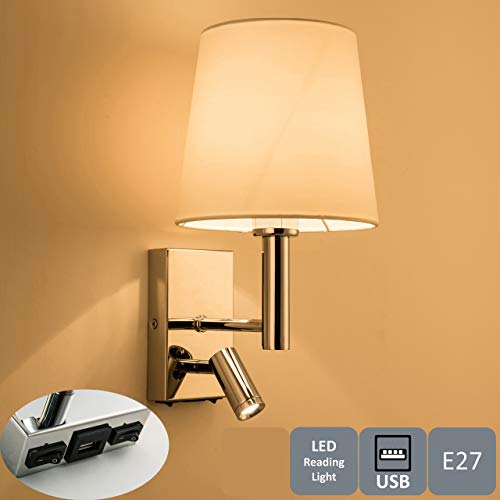 HARPER LIVING 1xE27/ES haut en bas Applique murale avec ajustable LED Liseuse, 1 USB port et 2 sur/de commutateurs, finition chrome poli, abat-jour en tissu blanc, (Cylindre ombre)