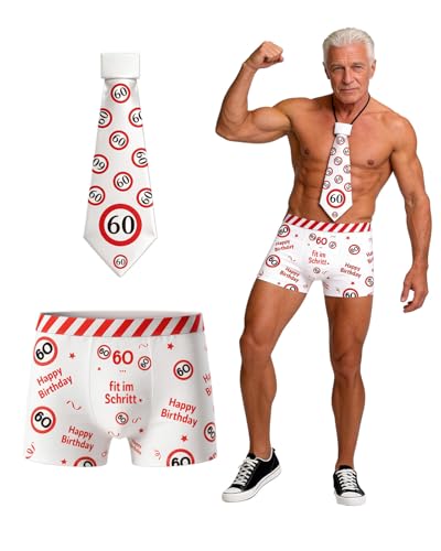 WenmthG Geschenk für 60 Geburtstag Mann - 60 Geburtstag Männer Boxershorts und Krawatte rot-weißes Design mit Verkehrsschildern und Lustige Sprüche - 60 Jahre Geschenk