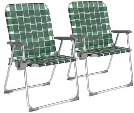 VINGLI Folding Webbed Oversized Lawn Chairs with Detachable Cup Holder, 300 LBS High Beach Chair for Adults Heavy Duty, Portable Aluminum Patio Chair for Yard, Garden, 2 Pack,Dark Green