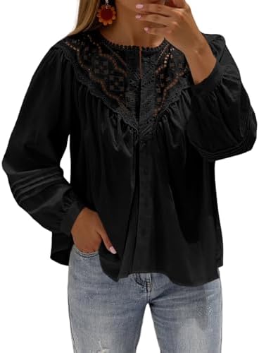 Tankaneo Womens Lace Button Down Shirts Puff Long Sleeve Babydoll Blouses Dressy Casual Crew Neck Pleated Loose Fit Tops