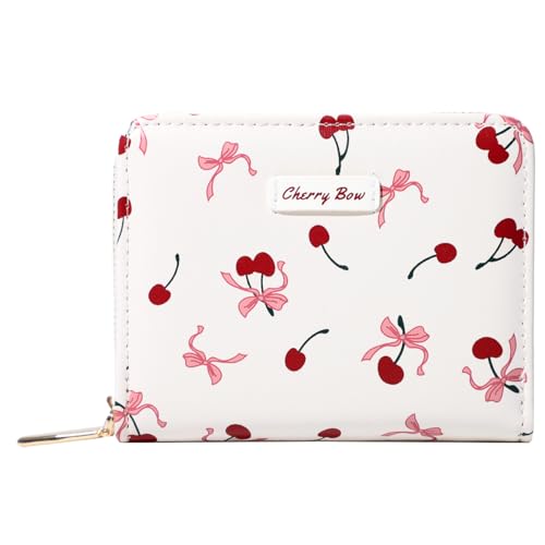 Sunwel Fashion Women Cute Print Wallets with Credit Card Slots ID Window & Zipper Coin Pouch (CHERRY BOW CREAM)