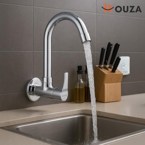 Image of HOUZA Brass Kitchen Sink Tap Faucet | Kitchen Tap with 360 Degree Flexible Swivel High Arc Spout | Water Saving Aerated Flow Kitchen Faucet for Sink (Chrome Finish, Silver)