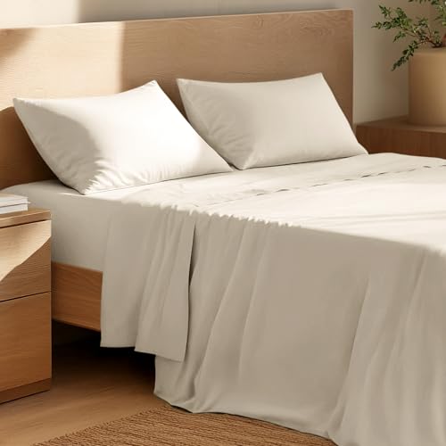 Bare Home 100% Organic Cotton Split Head Flex King Sheet Set - Crisp Percale Weave - Lightweight & Breathable - Bedding Sheets & Pillowcases (Split Head Flex King, Sand)