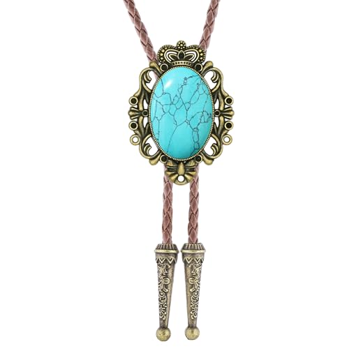 Image of GelConnie Bolo Tie for Men Women Western Cowboy Turquoise Leather Necktie | Natural Stone Bolo Tie Necklace for Women Rodeo Cowboy Leather Necktie Native American Western Cowgirl Ties Adjustable Cord