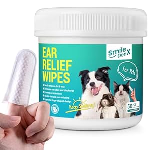 Dog Ear Cleaner Finger Wipes – Gently Remove Ear Wax & Debris, Relieve Ear Itching & Inflammation – Soothing Cleansing Deodorizing Ear Care Wipes for Cat and Dog (50 Pcs, Unscented)