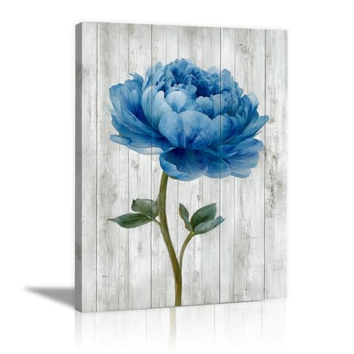 Tableau pivoine bleue sur fond de bois déco salon 70x100cm encadrée
