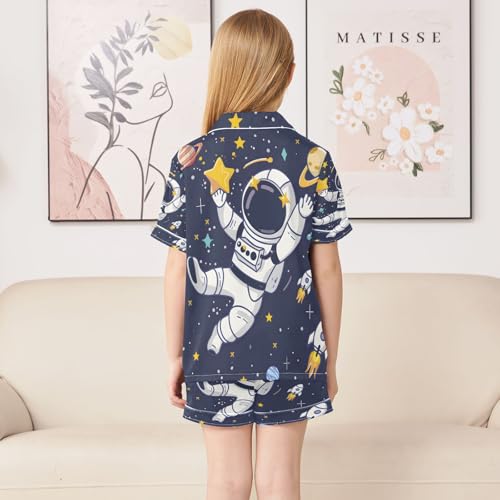 ALAZA Universe Astronaut Solar Ssystem Planet Cartoon Satin Pajamas Set Short Sleeve Button Down Sleepwear Summer Pjs 2 Piece4
