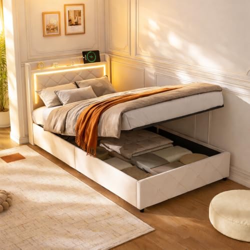 QMTXBYJ Lit Coffre 90x200 avec éclairage LED et USB, Lits 1 Place avec Espace de Rangement hydraulique et Tete de Lit Rembourré, Lits Simple 90x200 avec...