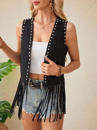 Verdusa Women's Studded Fringe Vest Western Open Front Sleeveless Outerwear3