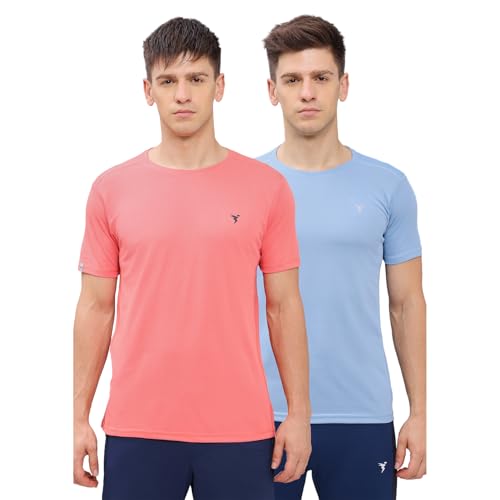 Image of TECHNOSPORT Men's 100% Polyester Slim Fit Solid Short Sleeve T-Shirt for Gym, Workout, Sports and Regular Use - Pack of 2