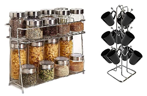 Image of Zepdos Stainless Steel Spice Rack for Kitchen with V Shape Cup Stand for Dinning Table, Stands and Racks, 2 Tier Kitchen Rack, 12 cup holder stand for kitchen (Pack of 2)Freestanding,Tiered Shelf