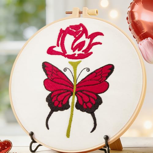 Image of Butterfly Rose Embroidery Kits for Beginners Adults, Valentine's Day Hand Embroidery Kits, Cross Stitch Kits for Adult Anniversary Valentine's Gifts, Entire Set of Embroidery Supplies & Video Tutorial