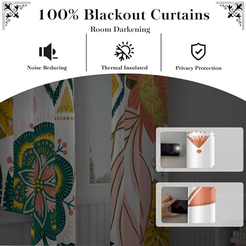 Image of Tyrot Boho Floral Grommet Blackout Curtains, 52W x 45L, 2 Panels | Botanical, Thermal Insulated, Heat Blocking Privacy, Short Window Drapes for Kitchen, Bathroom, and Basement